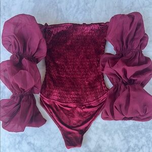 Free People intimately Elegant Burgundy Off-Shoulder puff sleeve  Bodysuit NWT